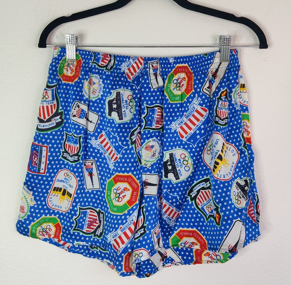 Vtg 80s USA Olympics 100% Silk Blue Patriotic Boxer Style Shorts Small Medium